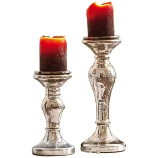 Loberon Kerzenständer 2er Set Pauline, Zwei Größen, mundgeblasen, mit Sternenschliff, echtes Bauernsilber, für Stumpenkerzen, Kerzenhalter, Kerzenleuchter, Glas, antiksilber