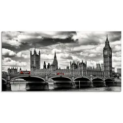 Glasbild ARTLAND "London Westminster Bridge & Red Buses", schwarz (farbe bild(er): schwarz), B:100cm H:50cm, Bilder, in verschiedenen Größen