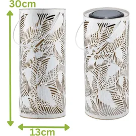 Marrakesch Orient & Mediterran Interior Marrakesch 2er Set Solarlaternen Solarlampen für außen mit Henkel aus Metall 30cm Groß | Boho Deko Outdoor Solar LED Laterne Wetterfest Hoja Weiss IP65 Wasserdicht als Gartendeko im Garten