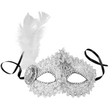 dressforfun 900888 Venezianische Maske mit seitlicher Feder für Damen, Augenmaske mit Stoffmuster, Zierborte und Strass für Ball Fasching Karneval Halloween - diverse Farben - (silber | Nr. 303548) - Einheitsgröße