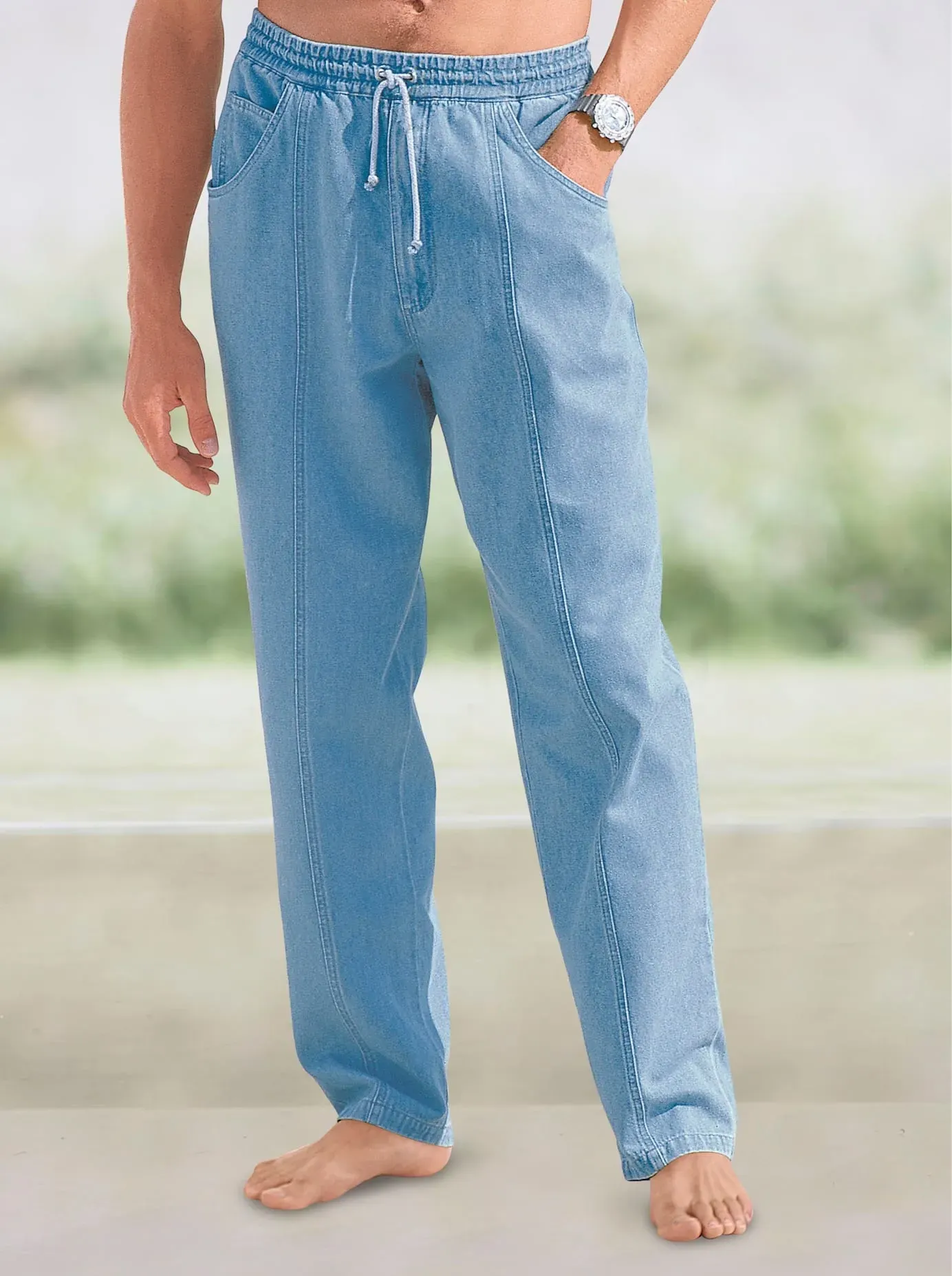 Schlupfhose CLASSIC, Herren, Gr. 54, Normalgrößen, blau (blau, bleached), 100% Baumwolle, unifarben, lang, Hosen Schlupfhose