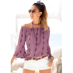 Carmenbluse, mit Ethnoprint, Damenbluse, schulterfrei, casual, Gr. 50, lila-bedruckt, Blusen, 97337158-50