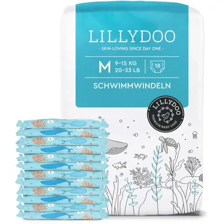 LILLYDOO hautfreundliche Einweg-Schwimmwindeln für Babys, Größe M (9-15 kg), 1 Packung (18 Stück) mit Unterwasser-Design, Windeln für sicheren Schutz im Wasser