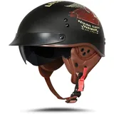 BOSERMEM Motorradhelm Mit Schutzbrille DOT-Zugelassen, Passend für Jethelm Roller Scooter Moped Mofa Chopper Vintage(Mattschwarz Lucky, M 57-58cm