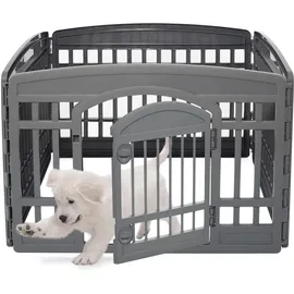 Iris Ohyama Welpenauslauf mit 4 Paneelen und abschließbarer Tür, H60cm, Öko Grau, Katzengehege, Hundebox, Für Outdoor, Indoor, Welpenlaufstall, Hundezaun, Welpenzaun, Laufstall Hund, Ci-604e Wd