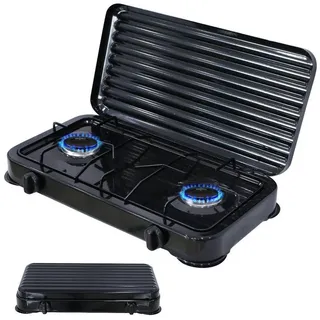 Feel2Home Gaskocher Camping Kochfeld Gaskocher 2 flammig mit Deckel Herd Outdoor Metall, (Stück, 1-St., Campingkocher / Gaskocher - 2-flammig), Flamme stufenlos regulierbar durch Drehknopf