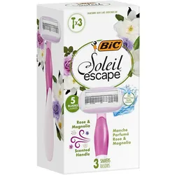 BIC Soleil Escape 5-Klingen-Einweg-Rasierer für Damen mit Rose & Magnolie, Feuchtigkeitsstreifen mit Mandelöl – 3er Box 3 St