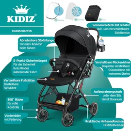 Kidiz KIDIZ® Kinderwagen Kinderbuggy klappbar Liegebuggy Sportwagen Faltbar 360° Räder 5-Punkt Gurt Inkl. Fußsack, Getränkehalter, Regenabdeckung & Moskitonetz verstellbare Rückenlehne & Sonnenverdeck