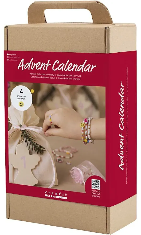 Perlenschmuck Bastelset Adventskalender 4 Stk. bunt Kunststoff, Garn, Stoff - Creativ Company - Fördert Feinmotorik, für Kinder 5-10 J.