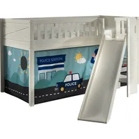 Vipack Hochbett Scott, Spielbett, Kiefer massiv weiß lackiert, mit Rolllattenrost (B/H/T ca. 207,6x114x203,7cm, Kopf-/Fußteil mit Fräsung, stabil gebaut) mit Rutsch-/Leiterturm, LF 90x200 cm, inkl. Vorhang, 7 Designs weiß