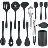 Herogo Küchenhelfer Set, 14 teiliges Silikon Kochgeschirr Küchenutensilien Set mit Utensilienhalter, Hitzebeständiger Kochutensilien Kochbesteck Küchenset, Spülmaschinenfest, Schwarz