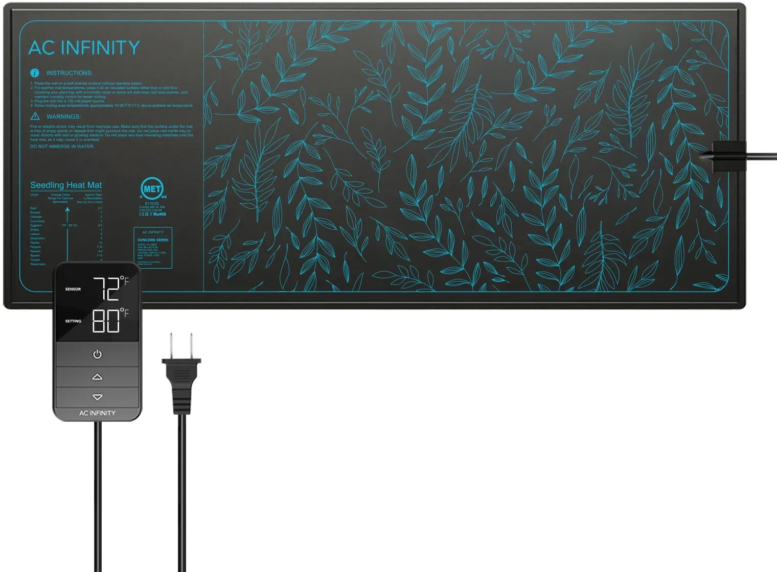 AC Infinity SUNCORE H7, Heizmatte für Keimlinge mit Digitalanzeige-Controller, 52,7 cm x 121,9 cm