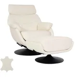 MCW Relaxsessel mit Hocker MCW-K99, Fernsehsessel Sessel, Wippfunktion drehbar, Metall Echtleder/Kunstleder ~ creme-weiß