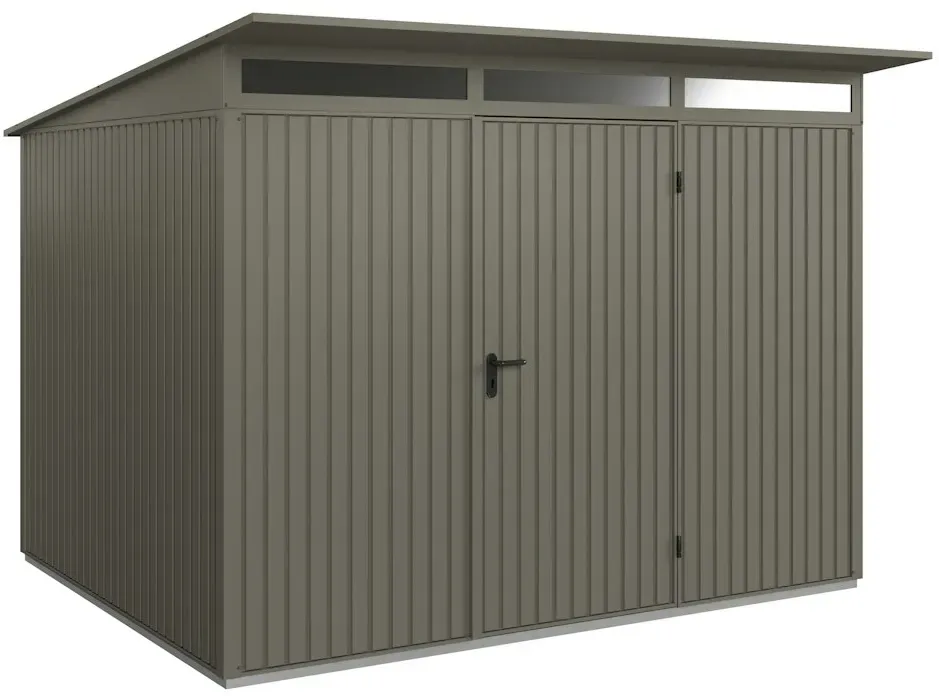 Hörmann Metall-Gerätehaus Berry mit Pultdach B 302 x T 238 cm (Typ 3), Motiv Classic (mit schmalen Lamellen), Einzeltür Türanschlag rechts, Quarzgrau (RAL 7039)