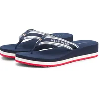 Zehentrenner TOMMY HILFIGER "TH FLAG PRINT SUMMER SANDAL", Damen, Gr. 35, blau (dunkelblau, weiß, rot), Textil, Schuhe Zehentrenner, Keilabsatz, Plateau, Sommerschuh, Dianette mit gestreifter Bandage