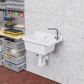 QLS Ausgussbecken 50x34 cm Kunststoff mit Siphon Weiß