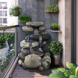 Köhko Gartenbrunnen Kieselstein mit 4X LED Beleuchtung
