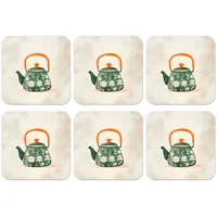MuchoWow Glasuntersetzer Teekanne - Grün - Blumen - Orange, Zubehör für Gläser, 6-tlg., Tassenuntersetzer Kork, Quadrat, Untersetzer Set Gläser, 10x10 cm