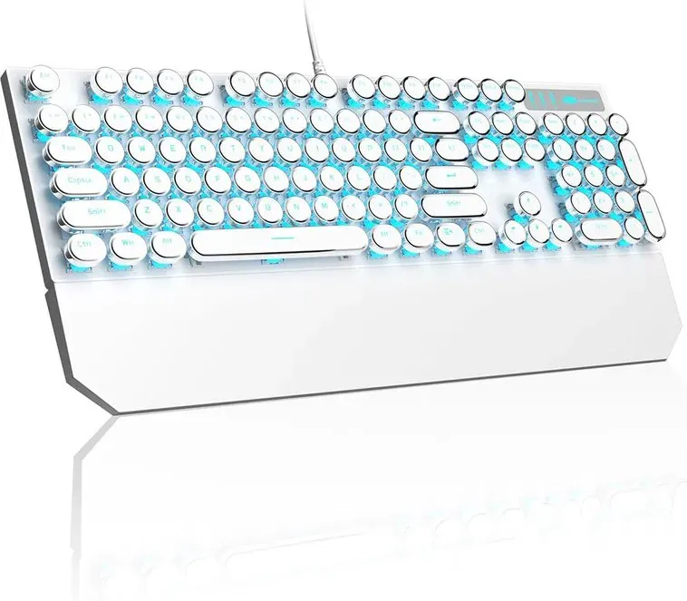 MageGee Typewriter mechanische Gaming-Tastatur, Retro Punk, Weiß, runde Tastenkappen, 104 Tasten, LED-Beleuchtung, blau hinterleuchtet, kabelgebundene Tastaturen für Laptop, Mac, PC, Gamer, mit magnetischer Handballenauflage, Blauer Schalter