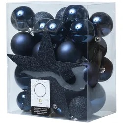 Christbaumkugeln - Weihnachtsbaumkugeln mit Stern Baumspitze - bruchfest - blau - 33er Set