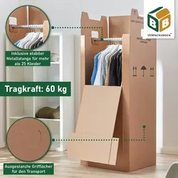 5 x Kleiderbox 60 kg Traglast stabiler Kleiderkarton mit Kleiderstange 2-wellig Umzugskarton Textilkarton BB-Verpackungen