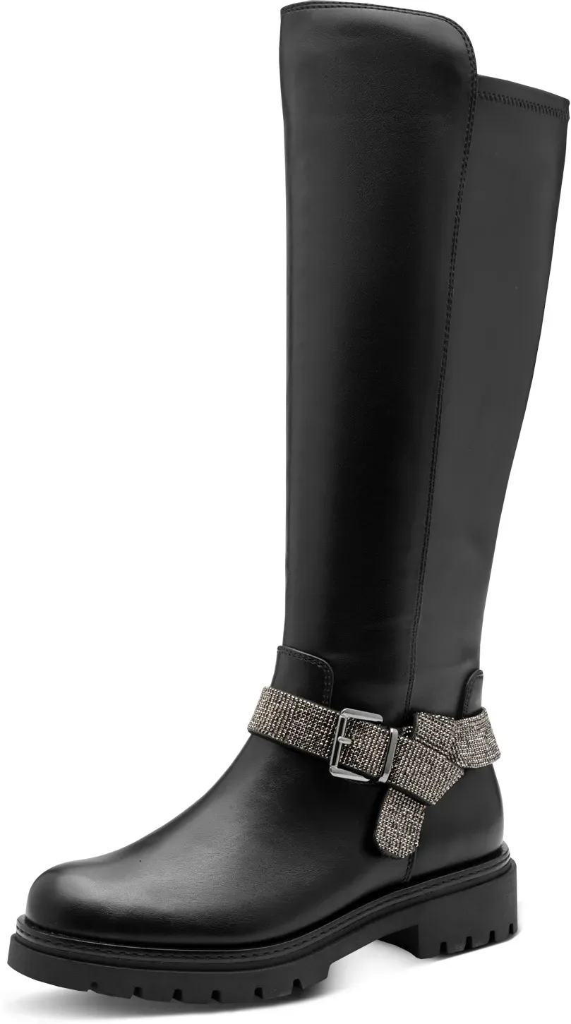 Stiefel MARCO TOZZI BY GMK, Damen, Gr. 37, Normalschaft, schwarz, Lederimitat, kontrastfarbene Details, unifarben, Schuhe Stiefel, Blockabsatz, Langschaftstiefel mit schmuckbesetztem Zierriegel