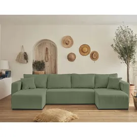 best mobilier Topaze - 7-Sitzer wohnlandschaft u-form - schlaffunktion und Bettkasten - Cord Salbeigrün