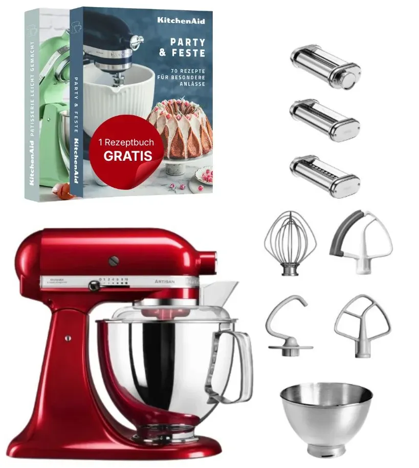 KitchenAid 4,8 L 5KSM175 Artisan Küchenmaschine Pastalover mit Nudelwalzen 3er- Set - Liebesapfel Rot