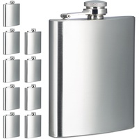 Relaxdays Flachmann 10er Set, 200 ml, Edelstahl Schnapsbehälter für unterwegs, Taschenflasche Schraubverschluss, Silber