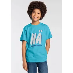 T-Shirt KIDSWORLD "FRAGEWORT MIT 2 BUCHSTABEN", Jungen, Gr. 152/158, blau (türkis), Single Jersey, Obermaterial: 100% Baumwolle, bedruckt, modisch, Basic, Rundhals, Kurzarm, Shirts, Kurzarm, Basic Passform, mit Statements/Sprüchen