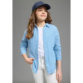 KangaROOS Hemdbluse "Musseline Bluse mit modischem Streifen", Mädchen, Gr. 140, blau (weiß, blau gestreift), Web, Obermaterial: 100% Baumwolle, bedruckt, mit Knöpfen, Blusen Hemdbluse, für Mädchen, Langarm mit Knöpfen am Ärmelabschluss, aus Baumwolle