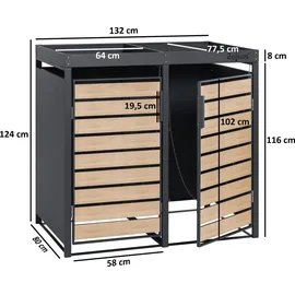Zelsius Mülltonnenbox mit Pflanzdach 2 Mülltonnen Anthrazit RAL 7016, Tür in Holzoptik