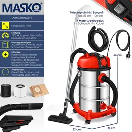 Masko MASKO® Industriestaubsauger Staubsauger Nass Trocken Sauger Edelstahl 2300W + Steckdose Blasfunktion Trocken-Saugen | Nass-Saugen Push&Clean Industrie-Sauger mit | ohne Beutel beutellos