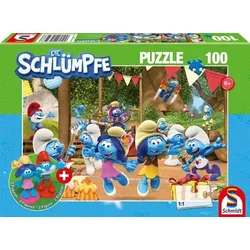 Schmidt Spiele 56523 - Verschlumpfte Party, 100 Teile, Kinderpuzzle Die Schlümpfe mit Add-on