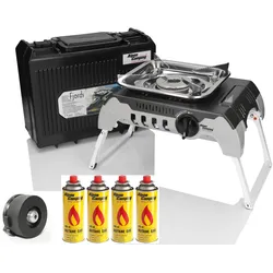 Alpen Camping Fjords Gaskocher Campingkocher + 4x 227g Msf1a Gaskartusche + Adap...
