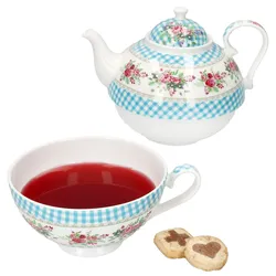 KLASSIK Blüten Blau Tea for One Kanne + Tasse aus Porzellan - 4009