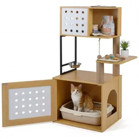 Costway Kratzbaum mit Katzenklo Schrank, für Katzentoilette, Katzenkratzbaum mit Futterstation, Sisalpfosten, Kratzmatten & Eingang, Katzenhaus Holz, Futterstation,Sisalpfosten&Kratzma... Naturbelassen