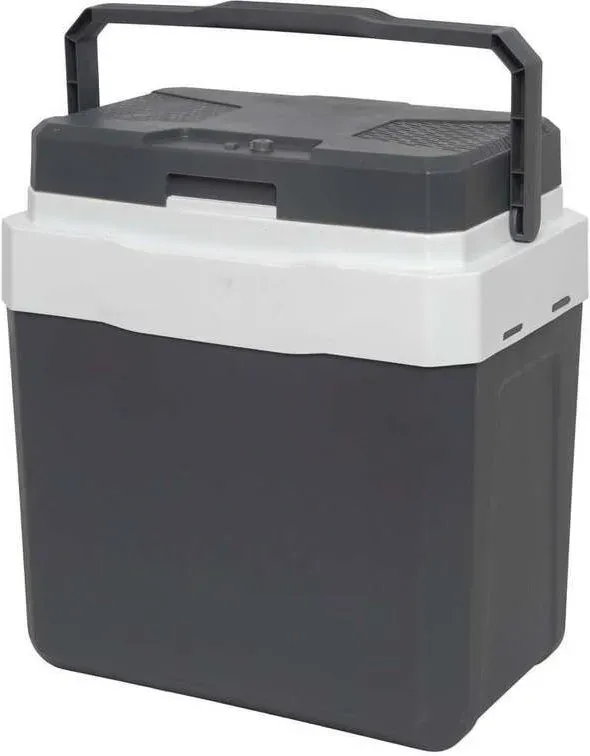 Elektrische Kühlbox 23 Liter, kühlt bis 17 °C unter die Umgebungstemperatur, einfache Bedienung über Kfz-Adapter 12-V-Steckdose, grau-weiße Kühlbox für Sommer, Camping und Ausflüge, 44 x 29,7 x 43,9 cm