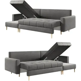 möbel punkt Ecksofa OSLO Samt Grau mit Bett Bettkasten Sofa Schlafsofa Ottomane universell Links oder Rechts