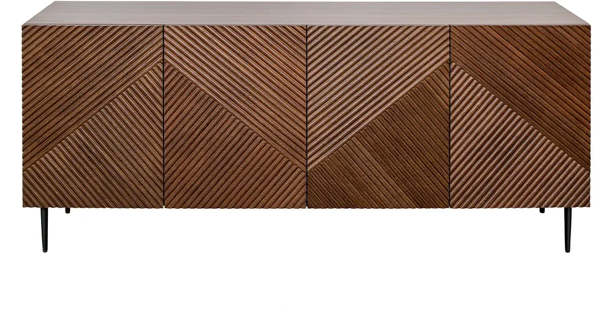 Design-Sideboard aus dunkler, massiver Eiche mit Gravur und schwarzem Metall, 4 Türen, B180 cm ARCHIPEL