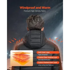 Vevor Beheizbare Jacke für Herren mit 7,4-V-Akku, Softshell-Elektroheizmantel, winddichte, leichte Oberbekleidung mit 6 Heizzonen & 3 Heizstufen für Wanderungen, Arbeiten im Freien, schwarz,L