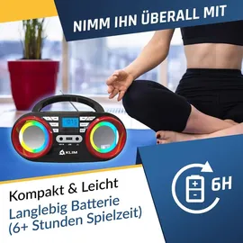 Klim Boombox B3 Tragbarer CD Player + FM Radio, MP3, Bluetooth, AUX, USB, RGB LED + kabel- & kabelloser Betrieb mit wiederaufladbaren Akku blau - Rot