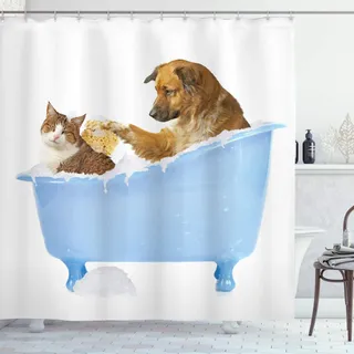 ABAKUHAUS Lustig Duschvorhang, Hund und Katze in der Badewanne, mit 12 Ringe Set Stielvoll Modern, 175x200 cm, Mehrfarbig