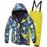 SXSHUN Jungen Skianzug 2 Teilig Skijacke + Skihose Kinder Mädchen Outdoor Warm Schneeanzug, Gelb, 146-152 - 146-152