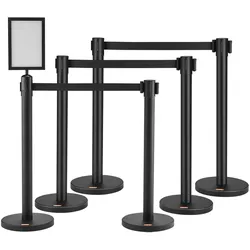 VEVOR Personenleitsystem Absperrband Absperrständer 6-teilig, 2 m x 48 mm Schwarzer Einziehbarer Gürtel, Personenleitsystem Absperrpfosten mit Schildern für Flughäfen, Messen, Wettkampforte usw.