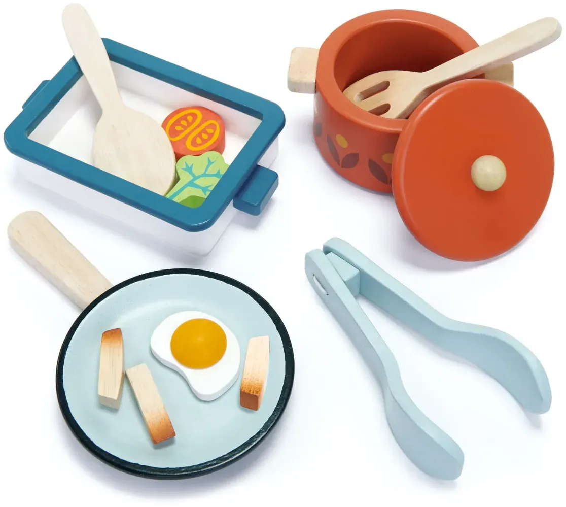 Kochgeschirr Holz-Topfset bunt für Kinder 3-6 Jahre - Tender Leaf - Topf, Pfanne, Bräter, Spielessen, handbemalt, FSC-zertifiziert