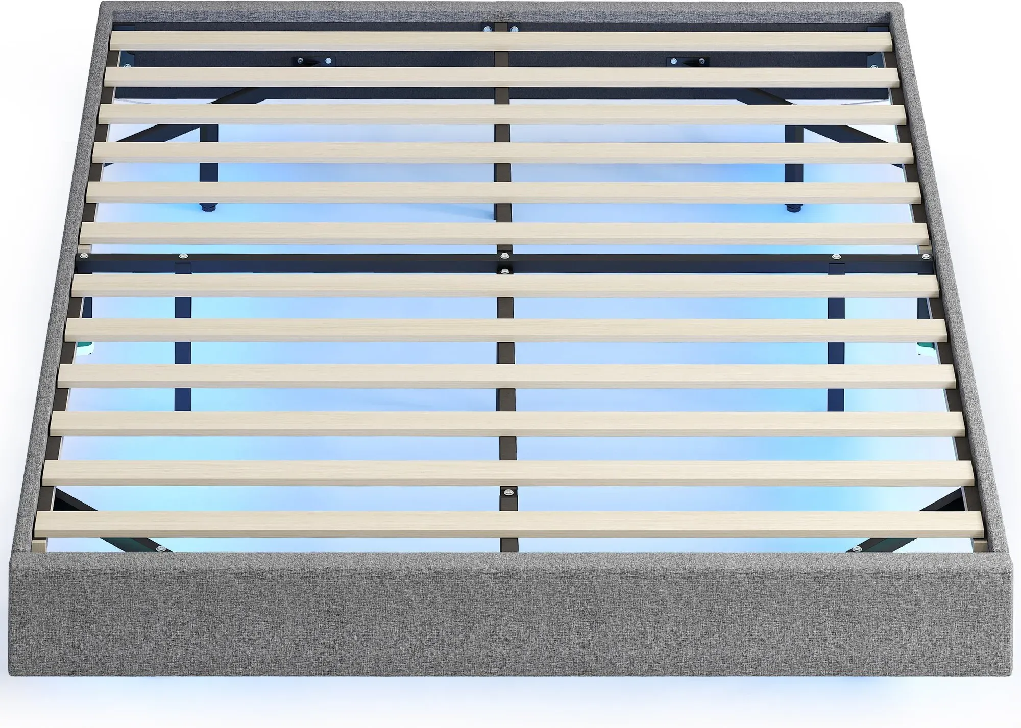 HOMCOM Schwebendes Bettgestell 140x190 cm mit LED-RGB-Beleuchtung, Leinenbezug, Holzlatten, Geräuscharm, Einfach aufzubauen, Grau   Aosom