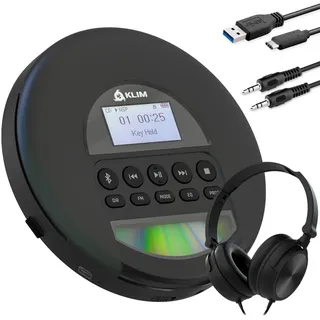 KLIM Nomad CD Player Bluetooth - Tragbarer CD-Player Discman mit langlebigem Akku - Inklusive Kopfhörer - CD-R, CD-RW, MP3 - Mit TF-Reader, Radio FM - Ideal für Autos - Portable CD Player Diskman