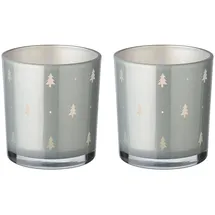 Edzard 2er-Set Teelichtglas Tani (Höhe 8 cm, ø 7 cm) Motiv Tannen, außen grau, Tannen-Motiv