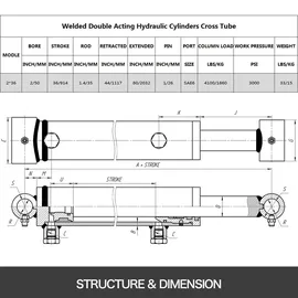 Vevor Hydraulikzylinder, 2 Zoll Bohrung, 36 Zoll Hub, hydraulischer Ram-Zylinder, 3000 psi, hydraulische Zylinder, geschweißt, doppelt wirkendes Querrohr, SAE6-Anschluss, hydraulischer Hubzylinder